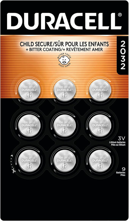 Duracell 2032 Lithium Battery, 9 Count (Pack of 1), Child Safety Features, Compatible with Key Fob, Tea Light Candles and Other Devices, CR2032 Battery