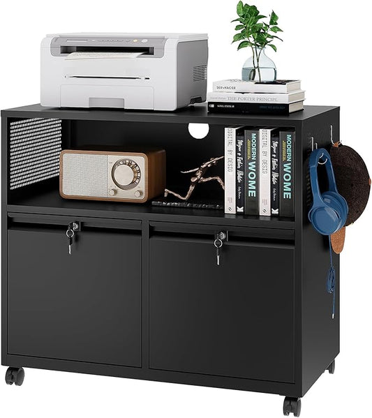 Mobile Filing Cabinet with Lock,Metal Lateral File cabinets Printer Stand with Storage Cabinets for Home Office,A4/F4/Letter (Black)