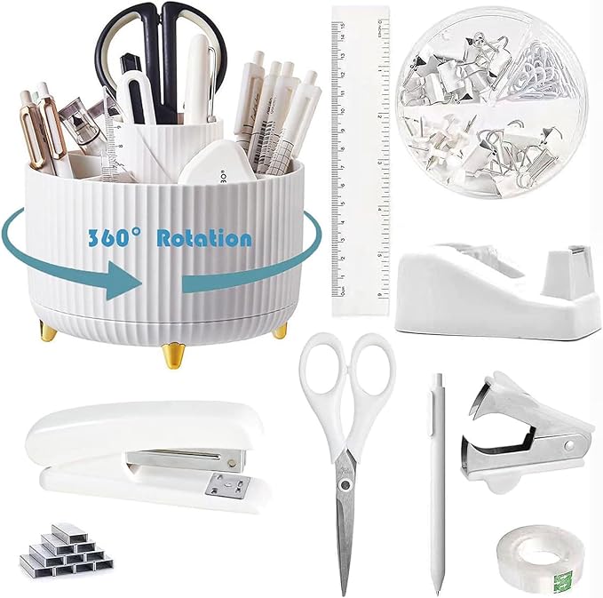 White Desk Organizers and Accessories 10Pcs Set with 360-Degree Rotating Pen Holder, Tape Dispenser, Stapler, Staple Remover, 1000 Staples, Tape, Clips Set, Ruler, Scissor, Pen (White)