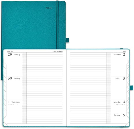 POPRUN Weekly Planner 2026 Calendar (Large 8.5" x 10.5") 12 Months Notebook with Horizontal Layout, Leather Hardcover, Inner Pocket, 100GSM Thick Paper, Pen Holder - Pacific Green