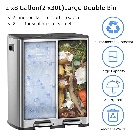 KUK 60 Liter / 16 Gallon Dual Trash Can with Lid, Stainless Steel Kitchen Step Garbage Can, 2 x 8 Gal Double Compartment Classified Rubbish Bin with 2 Plastic Inner Buckets Silver