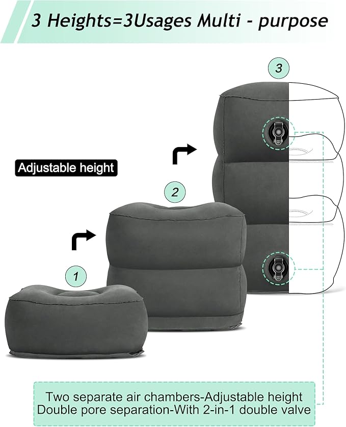 JefDiee Inflatable Travel Foot Rest Pillow, Kids Airplane Bed, Adjustable 3 Layers Height Leg Rest Pillow, Adults Travel Essentials Great for Airplane, Office, Home, Trains, Cars (Dark Grey)