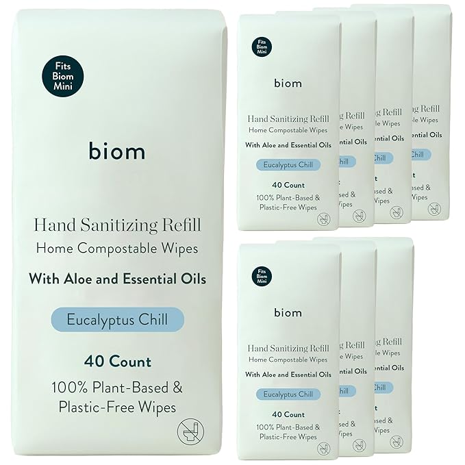 Biom Biodegradable Hand Sanitizing Mini Wipes 8-Pack Refill Kit - Kid-Safe | Plant-Based Hand Wipes for Home & Travel | Natural, Non-Toxic Wet Wipe with Aloe for Soft Skin | Eucalyptus Chill