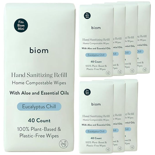 Biom Biodegradable Hand Sanitizing Mini Wipes 8-Pack Refill Kit - Kid-Safe | Plant-Based Hand Wipes for Home & Travel | Natural, Non-Toxic Wet Wipe with Aloe for Soft Skin | Eucalyptus Chill