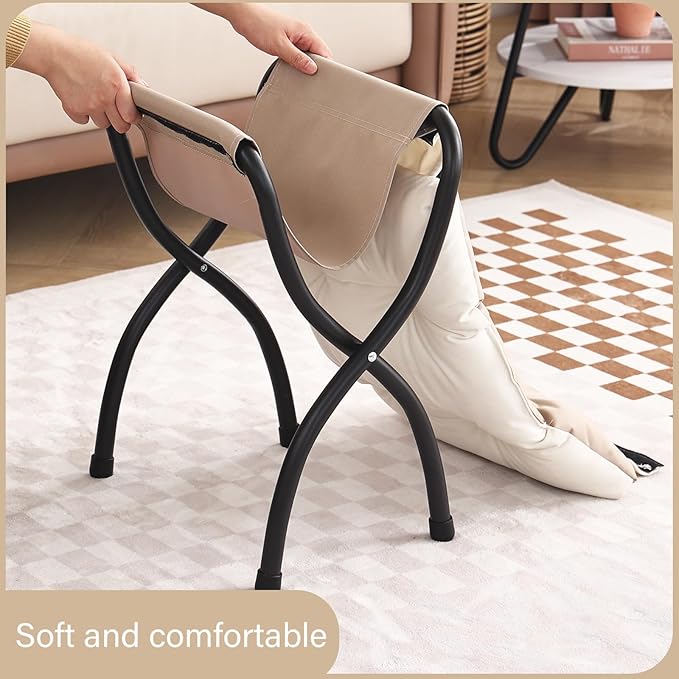 LITA 2 Pcs Folding Upholstered Footrest Stool, Modern Small Portable Accent Ottoman with Detachable Thick Cotton Cushion, Padded Sofa Stool with Metal Frame, Living Room & Bedroom,Velvet Beige