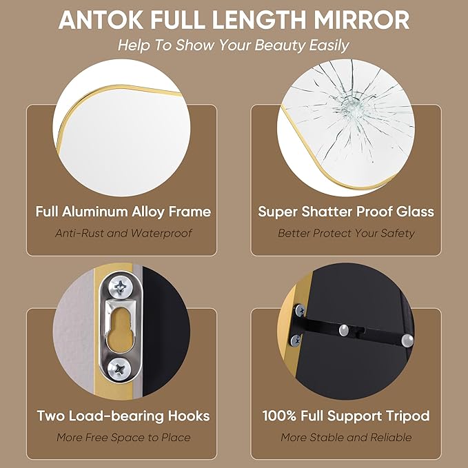 Antok Full Length Mirror, 76"x34" Floor Mirror Freestanding, Arched Floor Standing Large Mirror Full Body Mirrors with Stand for Bedroom, Hanging Mounted Mirrors for Living Room, Gold