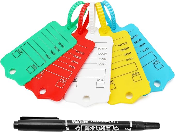 100 Car Key Tags with Labels Plastic Car Dealership Key Tags Self Locking Automotive Identifiers Blank Shop Labels with One Pen (Mixed Color)