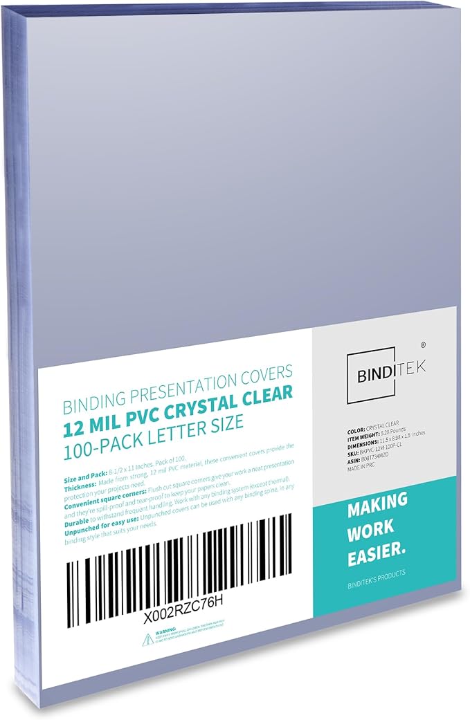 Binditek 100 Pack 12 Mil PVC Plastic Binding Covers, 8.5 x 11 Inches, Letter Size, Square Corners, Un-Punched, Office Supplies
