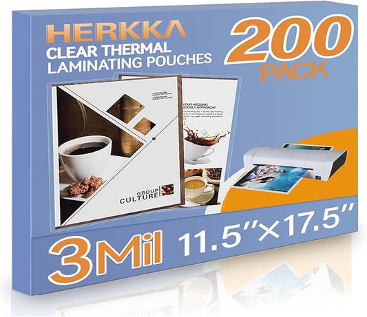 HERKKA 200 Pack Laminating Sheets, Hold 11 x 17 Inch Sheet, 3 Mil Clear Thermal Laminating Pouches 11.5 x 17.5 Inch Lamination Sheet Paper for Laminator, Round Corner