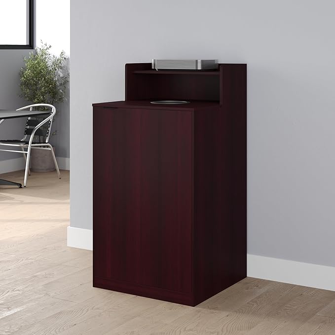Flash Furniture Dell Trash Can Enclosure with Tray Shelf and 8" Drop Hole, Commercial Grade Trash Receptacle for 32 Gallon Round Cans, Swing Door Access, Mahogany