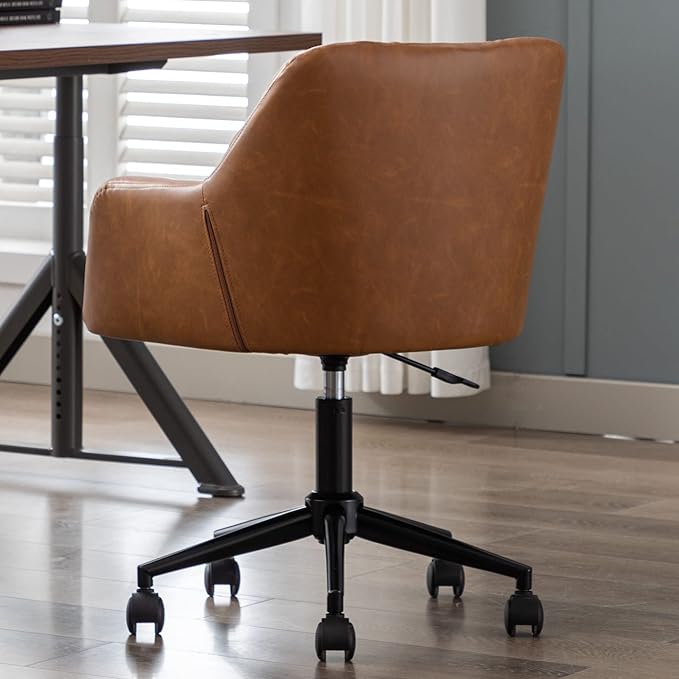 VESCASA Adjustable Home Office Desk Chair with Comfy Square Tufted Mid-Back, Faux Leather 360 Swivel Upholstered Task Armchair with Wheels for Teens Bedroom/Living Room, Brown