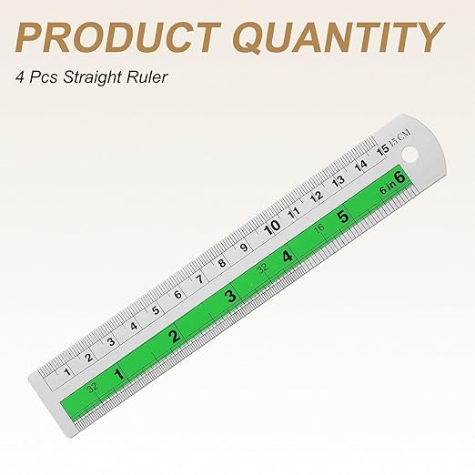 HARFINGTON 4pcs Metal Straight Ruler 15cm Metric SAE Aluminum Alloy Measuring Rulers Scale Tool with Hole for Measure Study Reading Classroom Office, Green