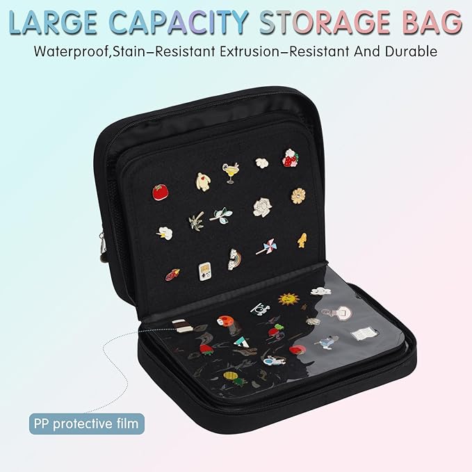 Enamel pin display bag, 8-page pin trading book, collectible pin board, suitable for storing pins, brooches, patches (black)