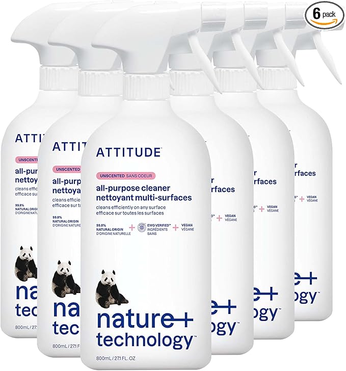 ATTITUDE All Purpose Cleaner Spray, EWG Verified, Vegan, Made with 94% Plant-Based Ingredients, Streak-Free for Kitchen, Bathroom, Glass & More, Unscented, 27.1 Fl Oz (Pack of 6)