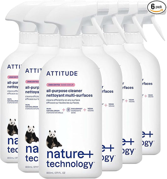 ATTITUDE All Purpose Cleaner Spray, EWG Verified, Vegan, Made with 94% Plant-Based Ingredients, Streak-Free for Kitchen, Bathroom, Glass & More, Unscented, 27.1 Fl Oz (Pack of 6)