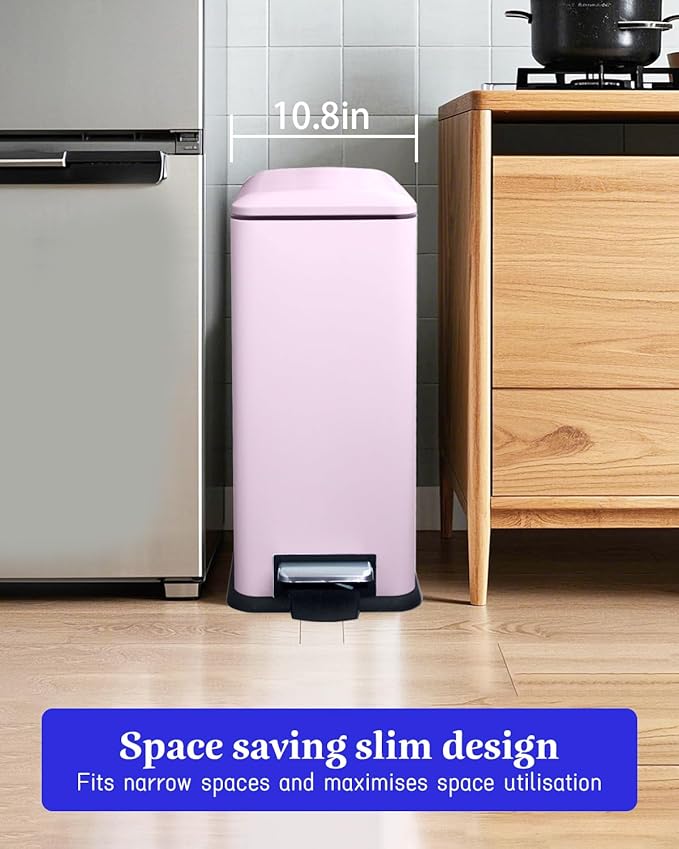 12 Gallon Slim Kitchen Trash Can, Stainless Steel Trash Can with Removal Inner Bucket and Soft-Close Lid, Pedal Garbage Can 45 Liter, Pink