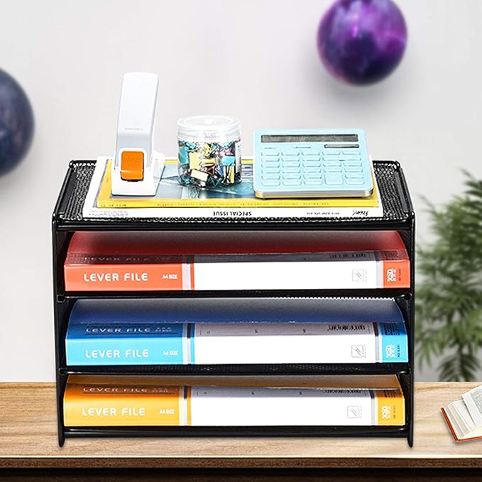 Samstar Paper Letter Tray, 3 Tier Desk File Organizer Paper Sorter Letter Shelf Rack, Mesh Made,Black ...
