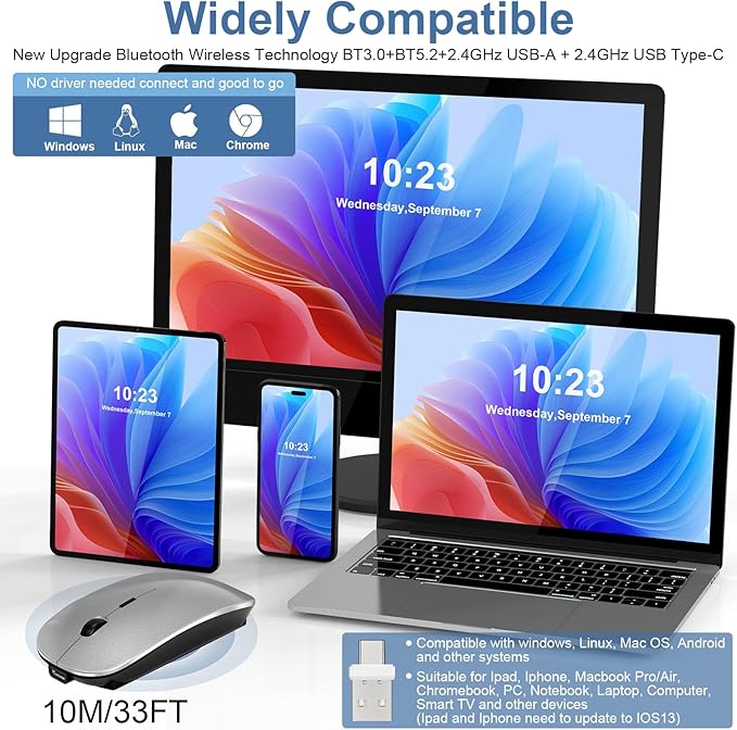 Mouse for Laptop Wireless Bluetooth - MacBook Air Mac Pro PC iPad Optical Rechargeable Silent Mouse with Jiggler Dual Mode Switch Bluetooth 5.2/3.0 and 2.4GHz USB-A and Type-C Receiver Black
