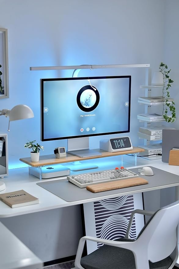 Bamboo Monitor Stand Riser with RGB Lights,31.5 Inches Desktop Shelf with Acrylic Legs Supports for Desk, PC Computer Monitor, Laptops, Printer, Speakers (Natural)