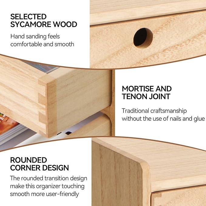 KIRIGEN Wood Organizer Shelf with 3 Drawers for Home Kicthen Decor Office Supplies Desktop Cabinet for Drawer Organizer - Desk Accessories Storage Box -Countertop Shelf Natural（DT2D3C-NA）