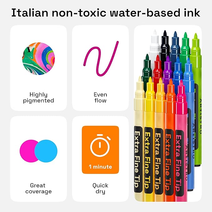 ARTISTRO 15 Acrylic Paint Pens, Art Set Acrylic Paint Markers, Fabric Markers for Textile, Canvas, Rock, Glass, Wood, Paper, Pumpkin, DIY for Kids and Adults