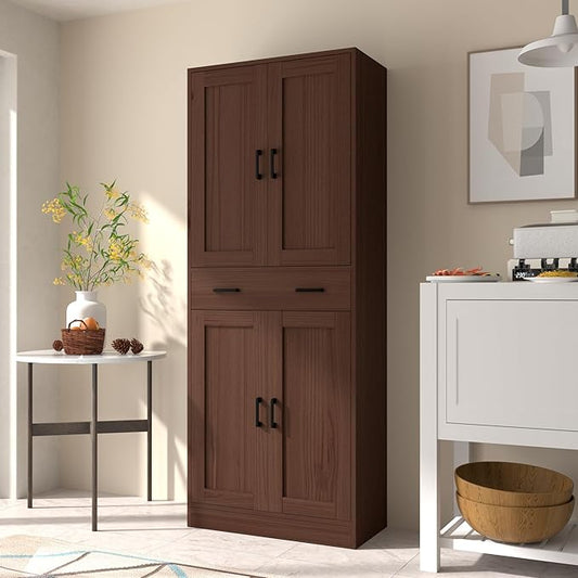Brown Kitchen Pantry, 71" Tall Storage Cabinet with Doors and Drawer for Kitchen, Hallway, Office