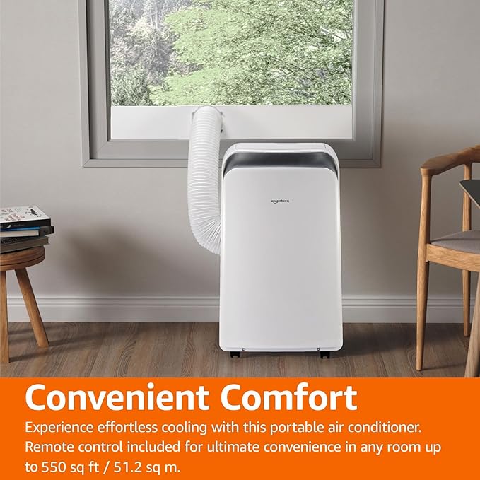 Amazon Basics 3-In-1 Portable Air Conditioner, 12000 BTU (ASHRAE), Cools Up to 550 Sqf, Portable AC with Cool/Dry (Dehumidifier)/Fan-Only Functions, Auto Mode, Sleep Mode, Timer, White