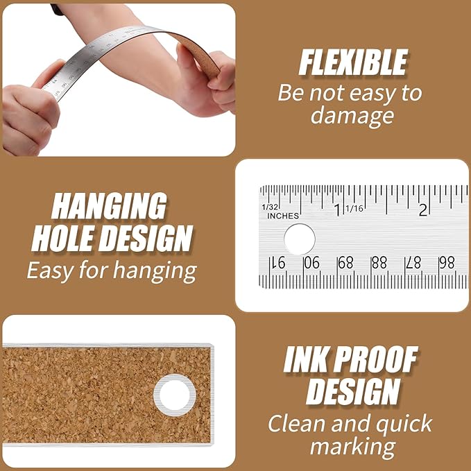 36 Inch Metal Ruler, Stainless Steel Straight Edge Ruler with Cork Backing, Non-Slip Imperial & Metric Measuring Tool for School, Office, Woodworking, Drafting