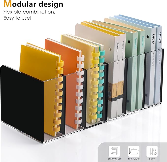 Acrylic Magazine File Holder Desktap Organizer Folder Rack Workspace Sorters, Bookend File Sorter Holder Office Accessories Organization Storage 3 Vertical Compartments, Black