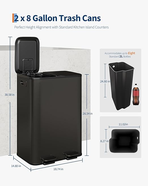 GarveeHome 2 x 8 Gallon Stainless Steel Double Trash Can with Lid for Kitchen, Large Dual Trash and Recycle Bin Combo, Step-on Kitchen Metal Garbage Cans, PP Inner Buckets, Liner Rim, Matte Black