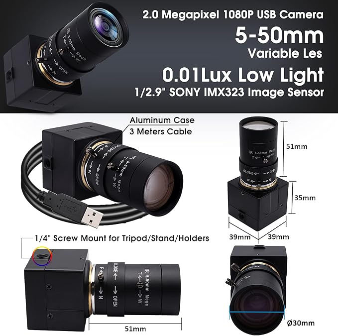 SVPRO USB Web Camera 1080P Full HD Webcam with Zoom Lens, 5-50mm Telephoto Webcam Manual Focus with Sony IMX323 Sensor, H.264 0.01lux Low Light Camera for Industrial Machine Vision,UVC Free Drive