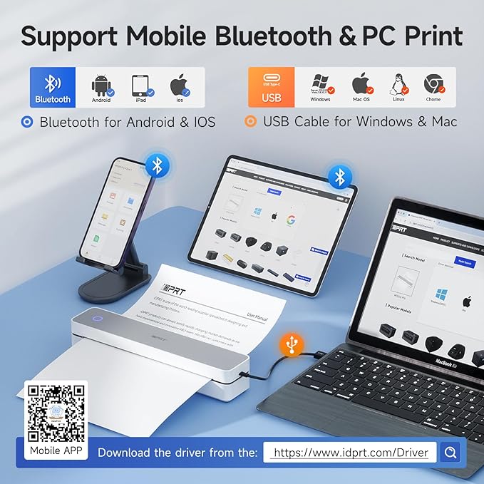 iDPRT Portable Printer Wireless for Travel, 300DPI Bluetooth Thermal Printer Support for 8.5"x11" US Letter, Inkless Compatible with iOS, Android, Laptop for Office, Car and Home, School