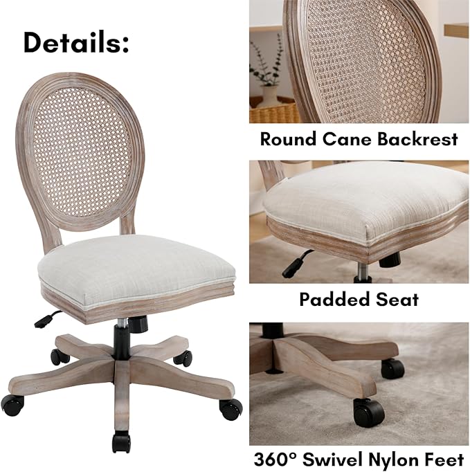 LukeAlon Rattan Back Linen Office Chair, Adjustable Height Swivel Task Chair with Wood Frame Armless Desk Chair with Wheels Upholstered Round Back Vanity Chair for Home Office Study Room, Beige