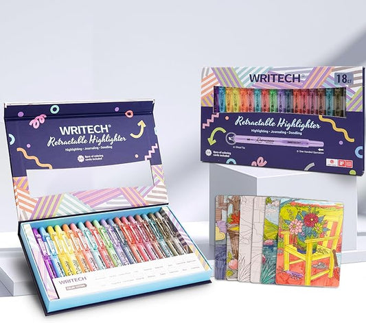 WRITECH Retractable Highlighters Assorted Colors: 18ct Aesthetic Highlighter Markers with Gift Case Multicolor Ink Chisel Tip No Smear for Highlighting Journaling Coloring Bible