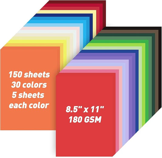 MAXECHO 8.5" X 11" Colored Cardstock Bulk 150 Sheets 30 Assorted Colors Construction Paper Card Stock Printer Paper for DIY Crafts, Kids School Supplies, Cricut, 180 GSM