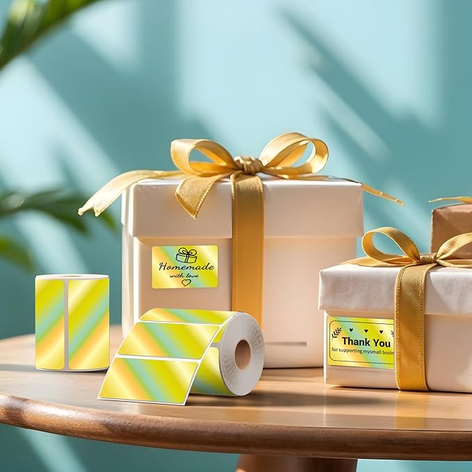 2.25x1.25 Inch Thermal Labels Gold, Holographic Sliver Barcode Thermal Labels for Thermal Printer and Small Business, Multi-Purpose Rectangle Stickers, 500 Sheets/Roll