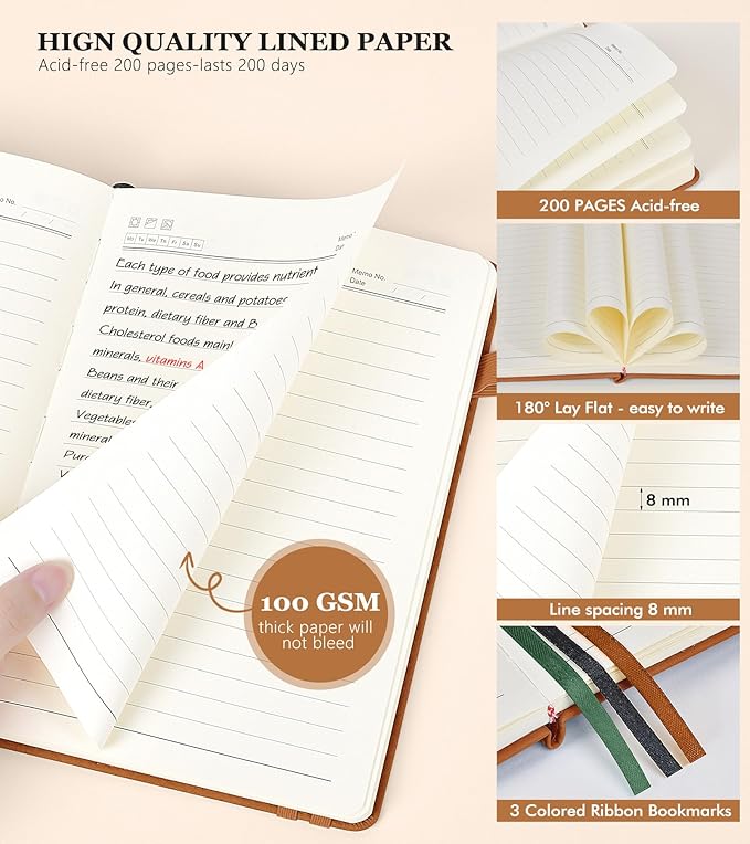 Lined Journal Notebook for Men & Women,200 Pages A5 Hardcover Leather Notebook (5.9"x8.5"), Travel Journal for Work, School, Business Writing, Note Taking, Notepad Diary (Brown)