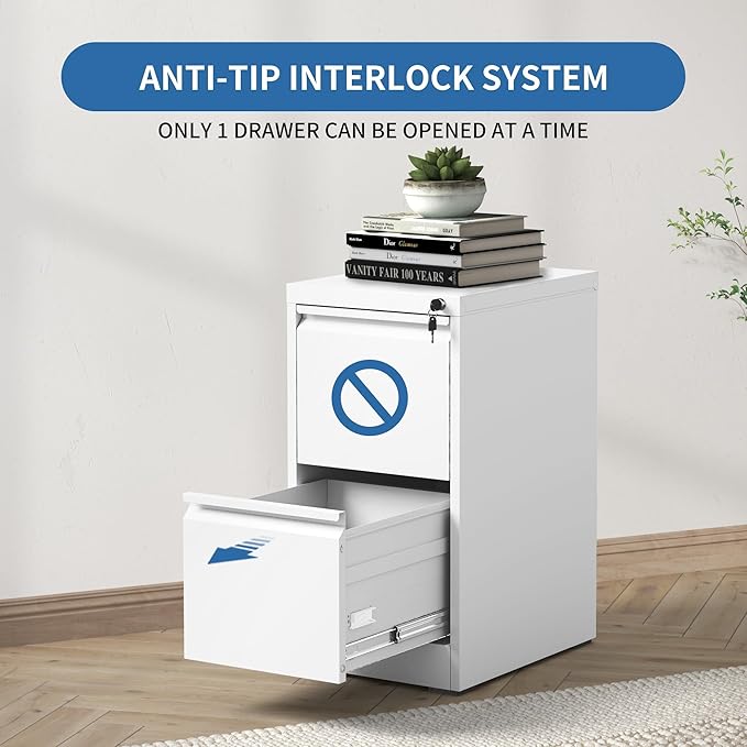 2 Drawer File Cabinet with Lock,Metal Vertical Filing Cabinets for Home Office,Heavy Duty File Storage Cabinet for Letter/Legal/A4/F4 Size File,Assembly Require (White, Vertical 2 Drawer)