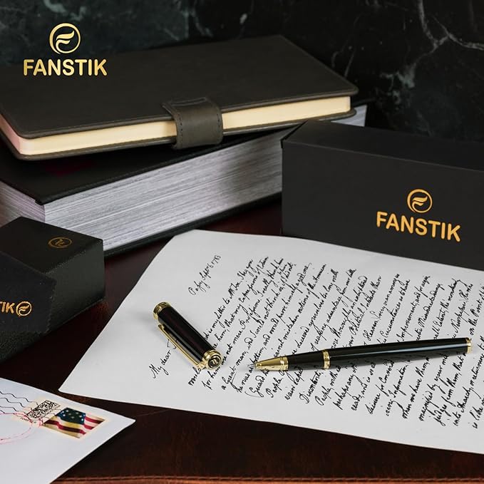 Customized Black & Gold Luxury Rollerball pen (Made In USA) fancy gift set for women, Real 24K Gold Plating, Professional executive pen gift set for men (Lux Custom-Rollerball Black-Gold)