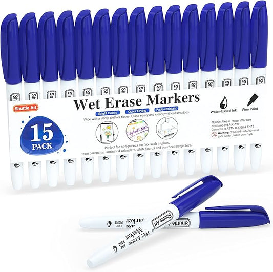 Shuttle Art Wet Erase Markers, 15 Pack Blue 1mm Fine Tip Smudge-Free Markers, Use on Laminated Calendars, Overhead Projectors, Schedules, Whiteboards, Transparencies, Glass, Wipe with Water