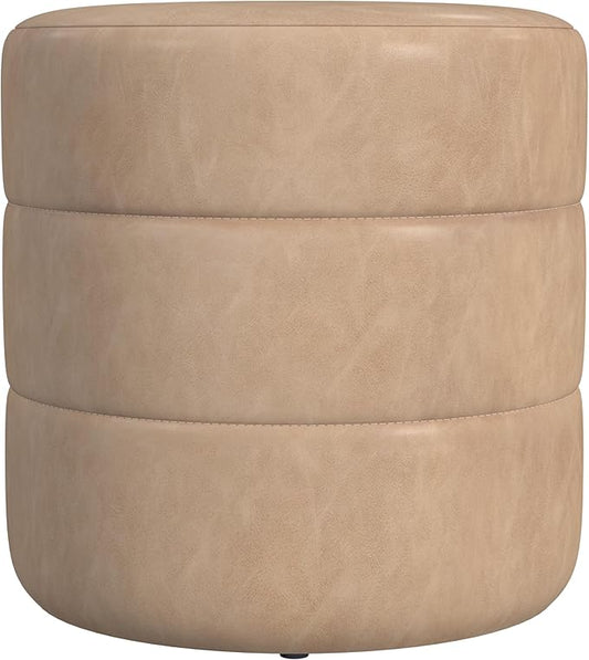 HomePop Upholstered Faux Leather Round Ottoman Home Décor|Foot Rest Ottoman- Sand Faux Leather