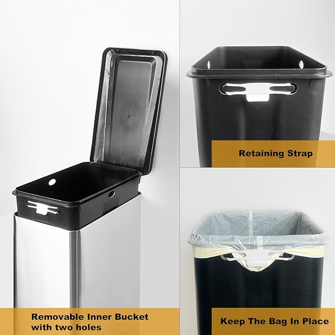 12 Gallon Trash Can with Lid，45L Kitchen Garbage Can,Stainless Steel Trash Can for Narrow Spaces with Soft-Close Lid, Inner Bucket, and Step-on Pedal