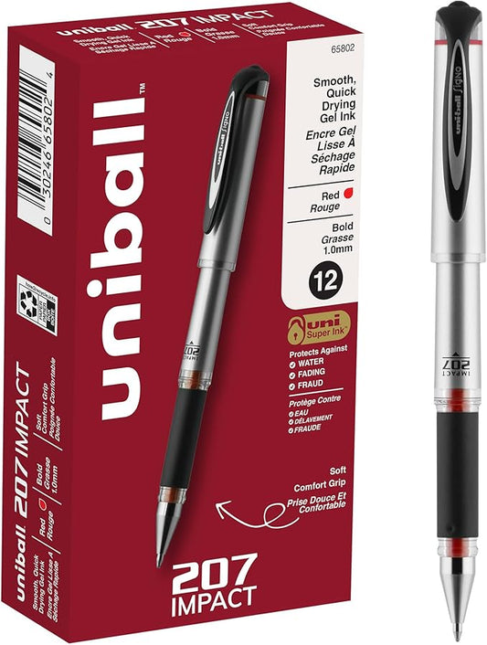 uniball 207 Impact Gel Pen, Stick, Bold 1 Mm, Red Ink, Black Barrel