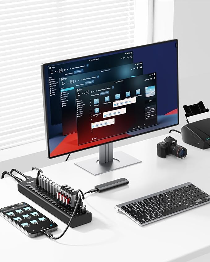 AGEEN 16-Port USB 3.2 Gen 2 Hub, 10Gbps High-Speed Aluminum Powered Hub with 96W Adapter, Individual Switches & Surge Protection for PC/Laptop, Flash Drive, Printer, Camera