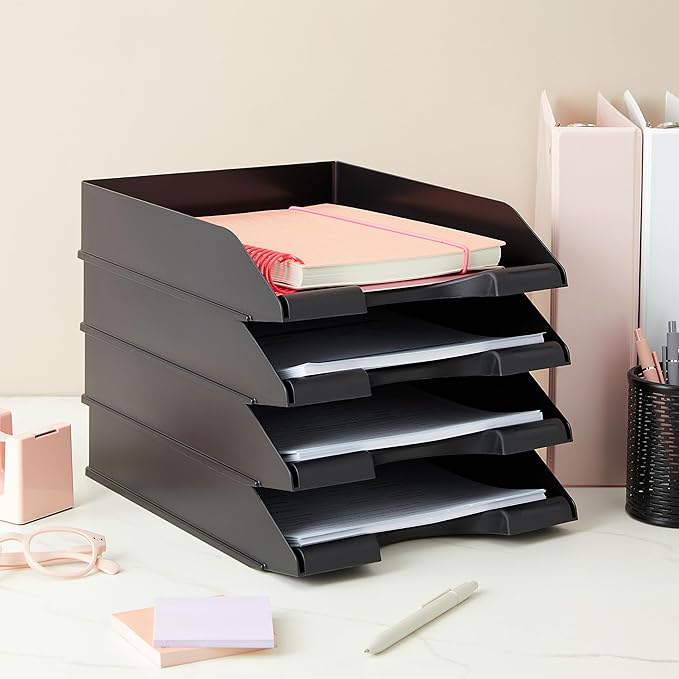 Stockroom Plus Letter Trays - 4-Pack, Black, 10 x 13.5 x 2.5 in - Stackable Paper Trays & Desktop File Organizer - Mail Organizer & Document Storage