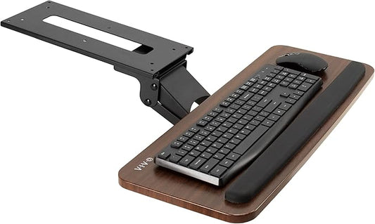 VIVO Adjustable Computer Keyboard and Mouse Platform Tray, Ergonomic Under Table Desk Mount Drawer Underdesk Shelf, Dark Wood Top, Black Frame, MOUNT-KB03D