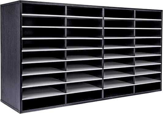 EasyPAG Mail Organizer Countertop, Wood Literature Organizer with Adjustable Shelves, Student Classroom Mailbox for School, Desktop Paper Sorter for Office Home, 36 Compartments, Black/White
