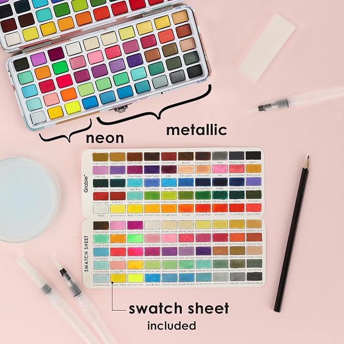 Grabie 100 Colors Watercolor Paint Set - 50 Regular, 35 Metallic, 10 Macaron and 5 Fluorescent Colors - Portable with Carrying Case, Water Brush Pens, and Accessories - For Beginners and Professionals