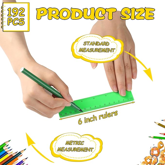 Teling 192 Pack Rulers Bulk for Classroom Transparent Colorful Metric Rulers with Inches and Centimeters 8 Colors for Kids Back to School Supplies(6 Inch)