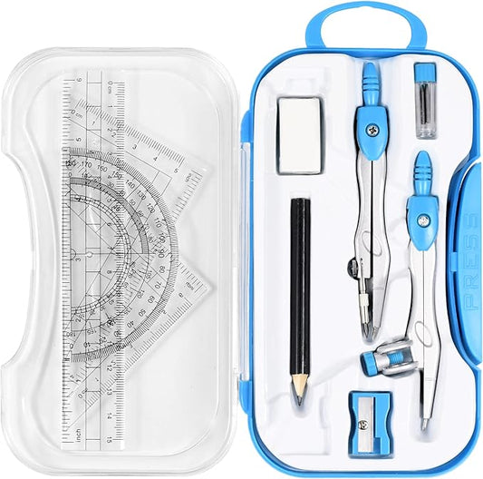 Math Geometry Kit Sets 10 Piece Student Supplies with Shatterproof Storage Box,Includes Rulers,Protractor,Compass,Eraser,Pencil Sharpener,Lead Refills,Pencil,for Drafting and Drawings（Blue）